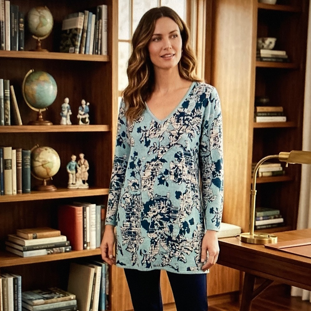 Soft Surroundings Patterned Long Sleeve Top Tunic V Neck S342